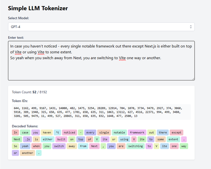 The Simple LLM Tokenizer interface showing text input and token output