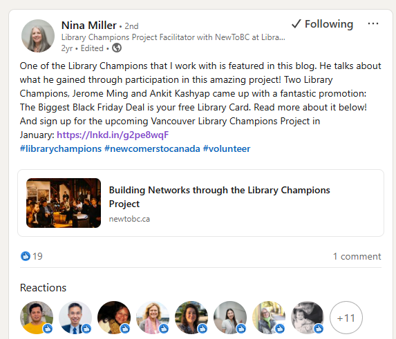 Library Champions resource with links for newcomers to British Columbia